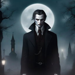 A detailed illustration of a vampire character for a gothic novel cover