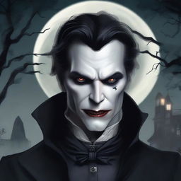 A detailed illustration of a vampire character for a gothic novel cover