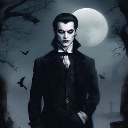 A detailed illustration of a vampire character for a gothic novel cover