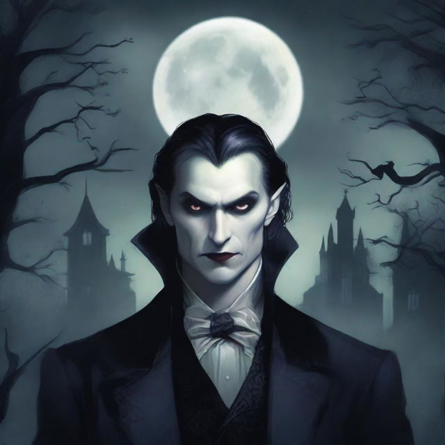 A detailed illustration of a vampire character for a gothic novel cover