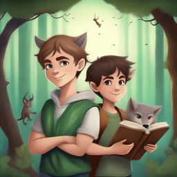 Create a fantasy book cover featuring two boys