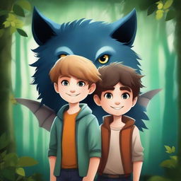 Create a fantasy book cover featuring two boys