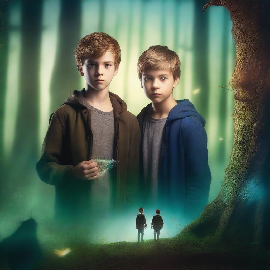 Create a fantasy book cover featuring two teenage boys standing in a dark magical forest