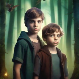 Create a fantasy book cover featuring two teenage boys standing in a dark magical forest