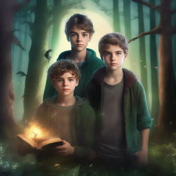 Create a fantasy book cover featuring two teenage boys standing in a dark magical forest