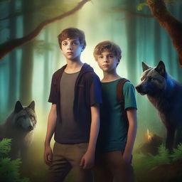 Create a fantasy book cover featuring two teenage boys standing in a dark magical forest