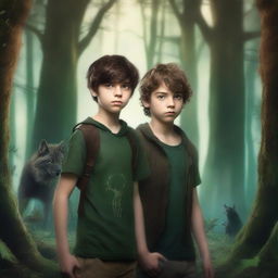 A fantasy book cover featuring two teenage boys standing in a dark, magical forest