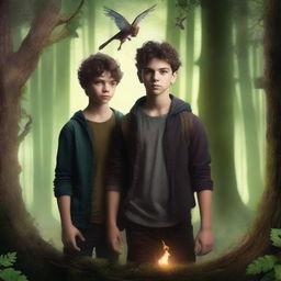 A fantasy book cover featuring two teenage boys standing in a dark, magical forest