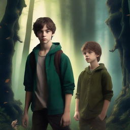 A fantasy book cover featuring two teenage boys standing in a dark, magical forest