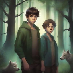 A fantasy book cover featuring two teenage boys standing in a dark, magical forest