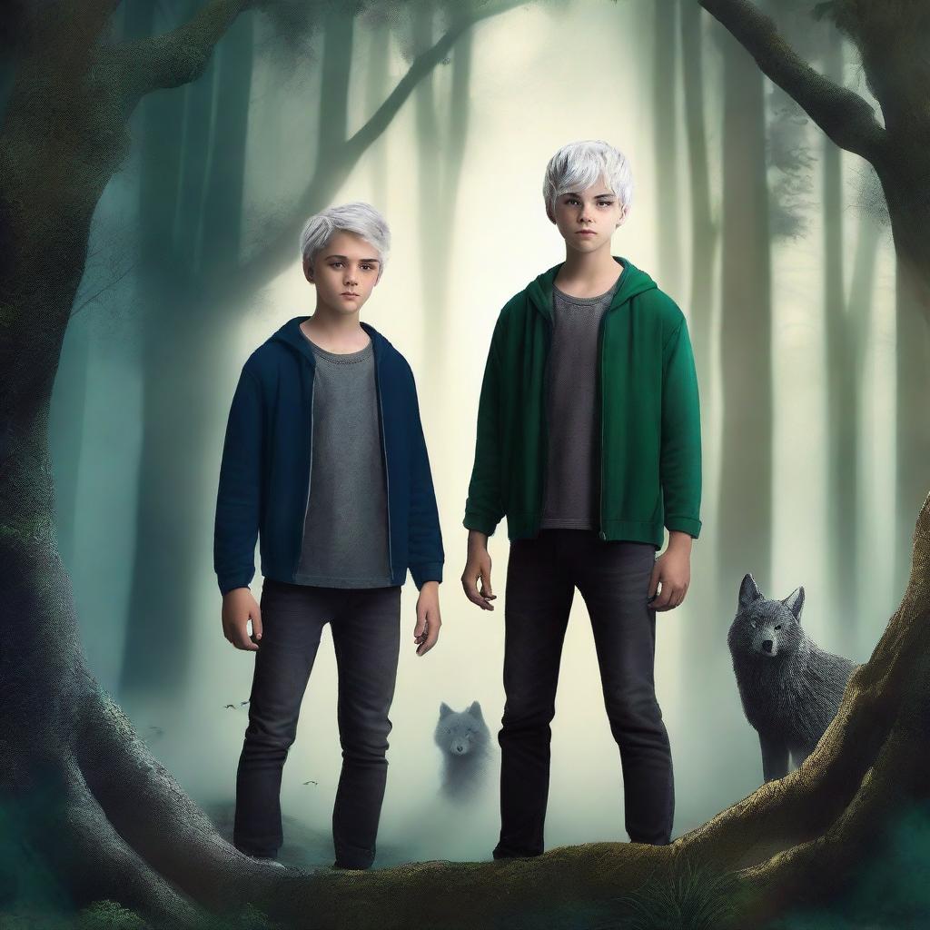 Create a fantasy book cover featuring two teenage boys