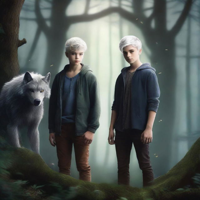 Create a fantasy book cover featuring two teenage boys