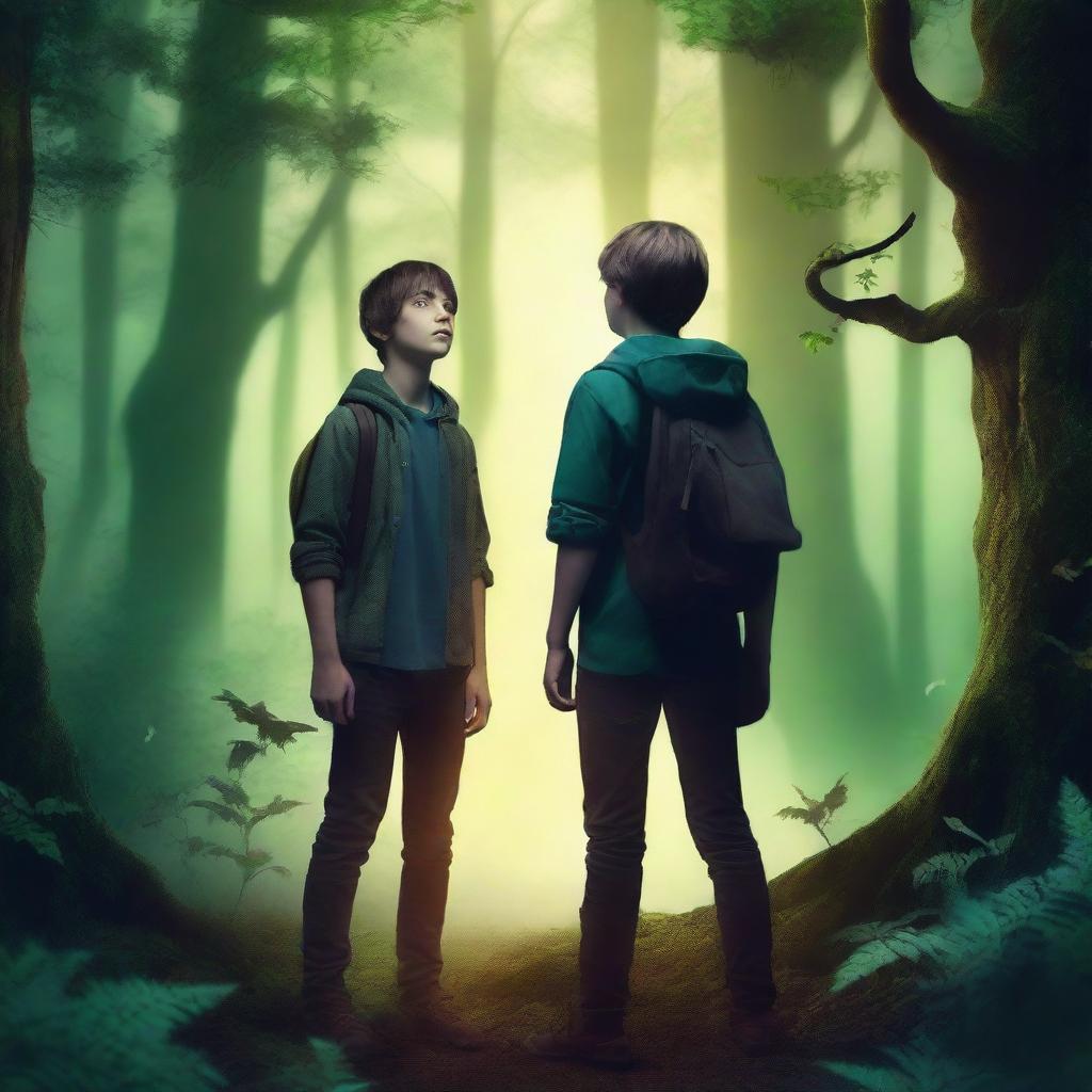 Create a fantasy book cover featuring two teenage boys standing in a dark magical forest