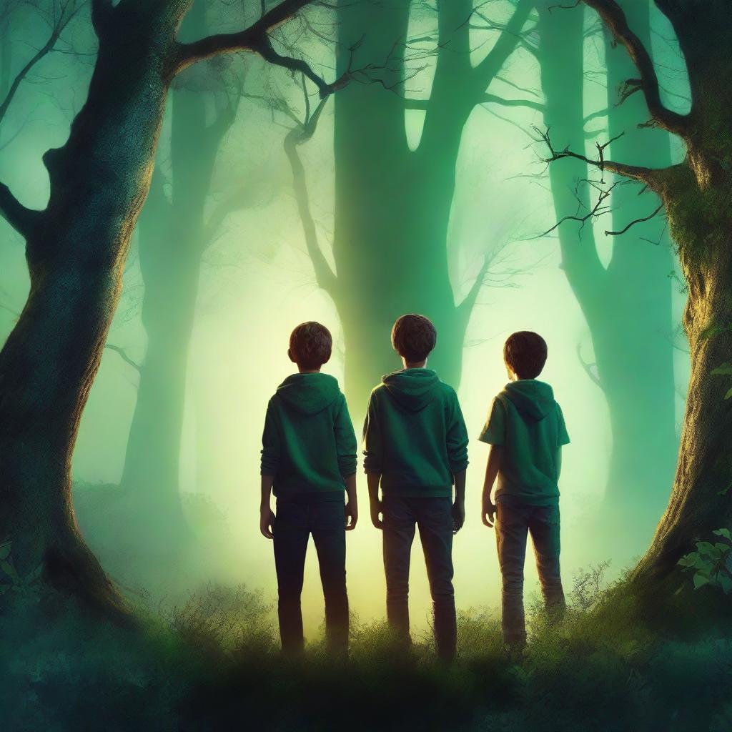 Create a fantasy book cover featuring two teenage boys standing in a dark magical forest