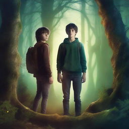 Create a fantasy book cover featuring two teenage boys standing in a dark magical forest