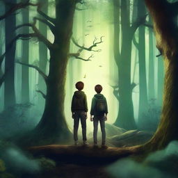 Create a fantasy book cover featuring two teenage boys standing in a dark magical forest