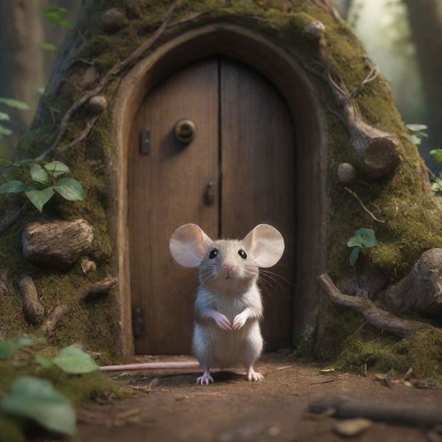 Render an image of a small, curious mouse in an enchanting forest, standing on its hind legs, captivated by an ancient mystical door it has discovered amid the tangled roots and towering trees.