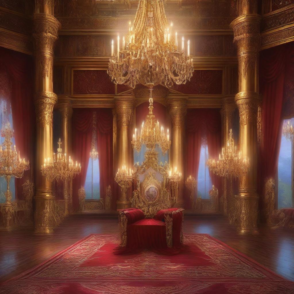 A majestic royal throne room in a detailed digital painting, featuring grand chandeliers, opulent decorations, and a magnificent throne