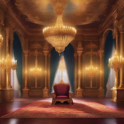 A majestic royal throne room in a detailed digital painting, featuring grand chandeliers, opulent decorations, and a magnificent throne