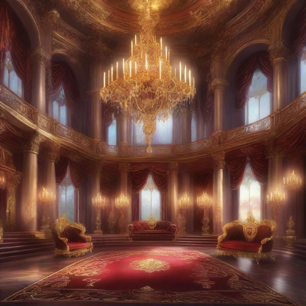 A majestic royal throne room in a detailed digital painting, featuring grand chandeliers, opulent decorations, and a magnificent throne