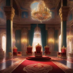 A majestic royal throne room in a detailed digital painting, featuring grand chandeliers, opulent decorations, and a magnificent throne