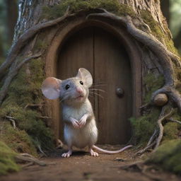 Render an image of a small, curious mouse in an enchanting forest, standing on its hind legs, captivated by an ancient mystical door it has discovered amid the tangled roots and towering trees.