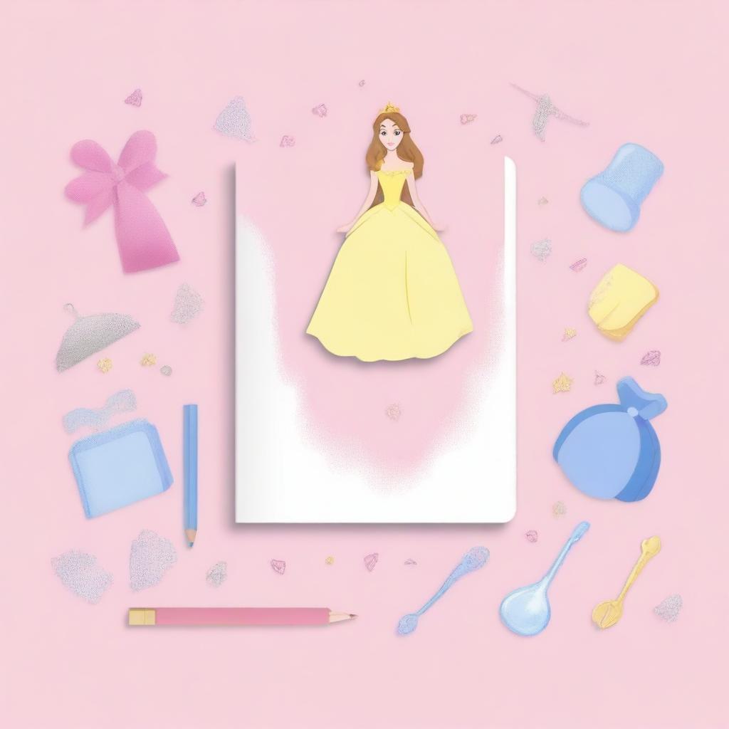 Create a simple Disney Princess-themed notebook backdrop featuring a single iconic element, such as a tiara, a glass slipper, or a magic wand, centered on a plain background