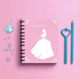 Create a simple Disney Princess-themed notebook backdrop featuring a single iconic element, such as a tiara, a glass slipper, or a magic wand, centered on a plain background