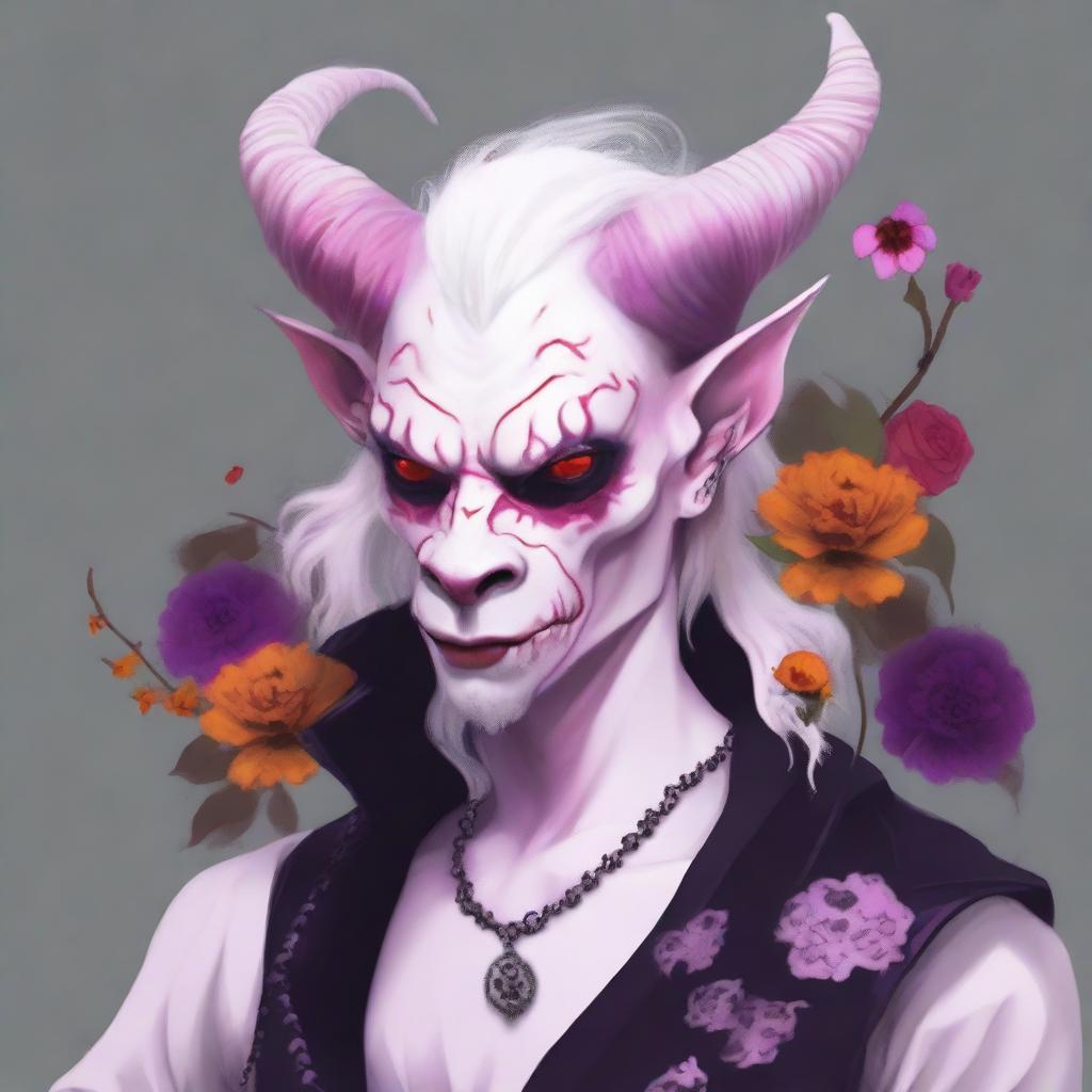 Create an image of an albino bard Tiefling with red eyes and long hair in shades of white, purple, pink, and red