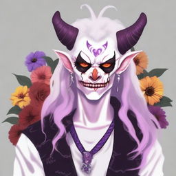 Create an image of an albino bard Tiefling with red eyes and long hair in shades of white, purple, pink, and red