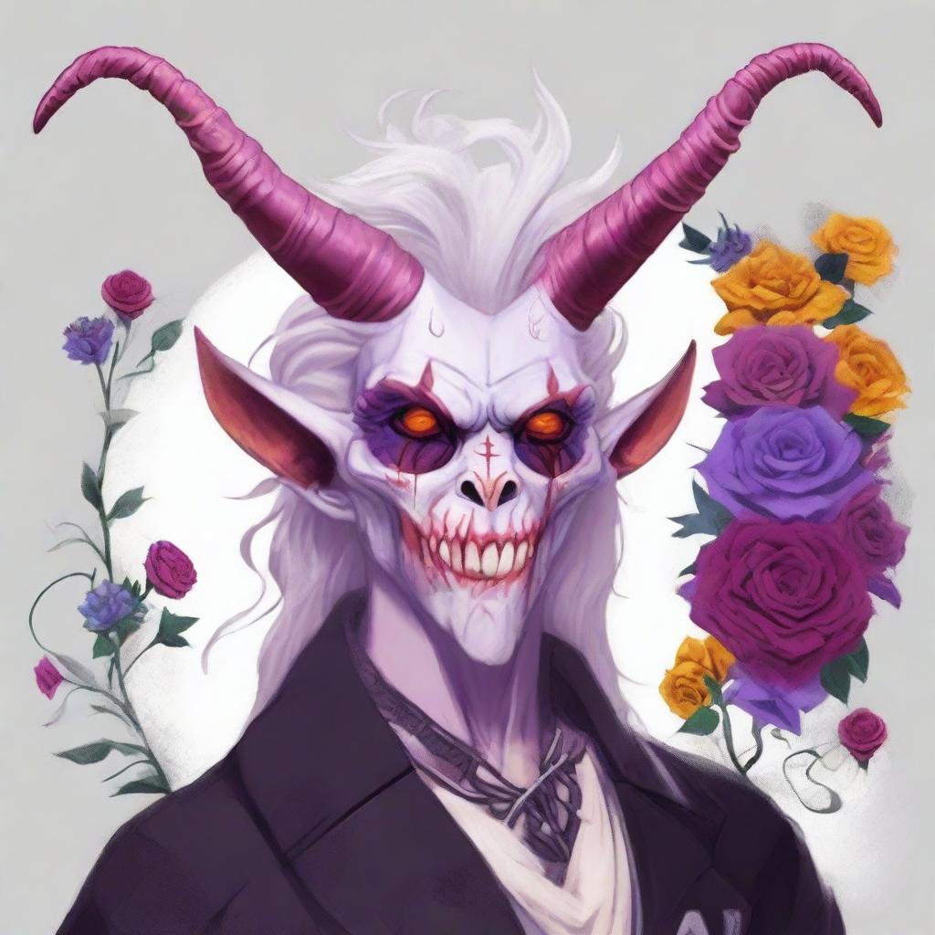 Create an image of an albino bard Tiefling with red eyes and long hair in shades of white, purple, pink, and red