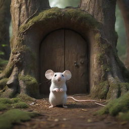 Render an image of a small, curious mouse in an enchanting forest, standing on its hind legs, captivated by an ancient mystical door it has discovered amid the tangled roots and towering trees.