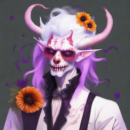 Create an image of an undead albino bard Tiefling with red eyes and long hair in shades of white, purple, pink, and red