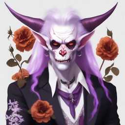 Create an image of an undead albino bard Tiefling with red eyes and long hair in shades of white, purple, pink, and red