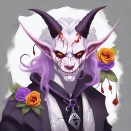 Create an image of an undead albino bard Tiefling with red eyes and long hair in shades of white, purple, pink, and red