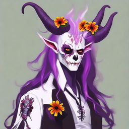 Create an image of an undead albino bard Tiefling with red eyes and long hair in shades of white, purple, pink, and red