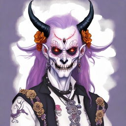 Create an image of an undead albino bard Tiefling with red eyes and long hair in shades of white, purple, pink, and red