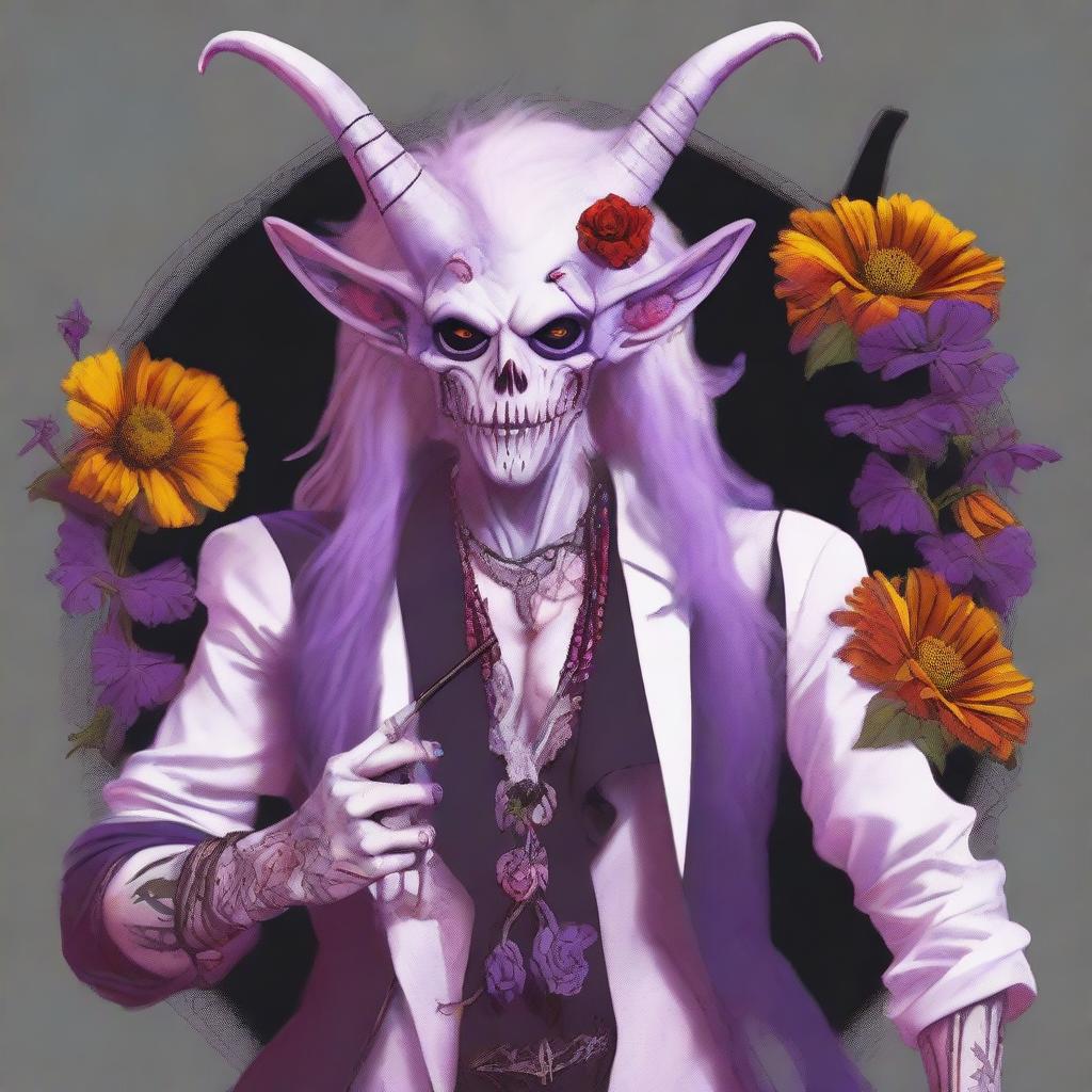 Create an image of an undead albino bard Tiefling with red eyes and long hair in shades of white, purple, pink, and red