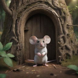 Render an image of a small, curious mouse in an enchanting forest, standing on its hind legs, captivated by an ancient mystical door it has discovered amid the tangled roots and towering trees.