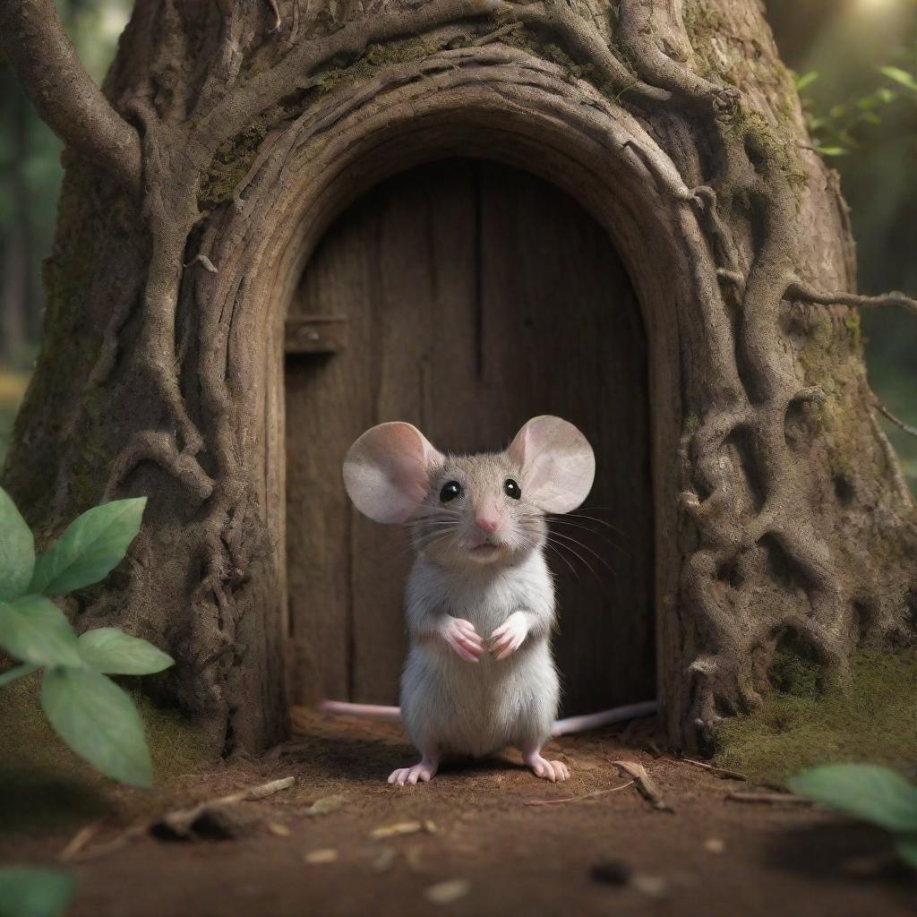 Render an image of a small, curious mouse in an enchanting forest, standing on its hind legs, captivated by an ancient mystical door it has discovered amid the tangled roots and towering trees.