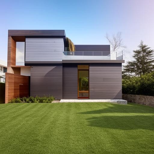 Design a 30x60 sqft suburban house with a sleek architecture and a lush green lawn