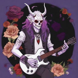 Create an image of an undead albino bard Tiefling with red eyes and long hair in shades of white, purple, pink, and red