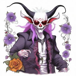 Create an image of an undead albino bard Tiefling with red eyes and long hair in shades of white, purple, pink, and red