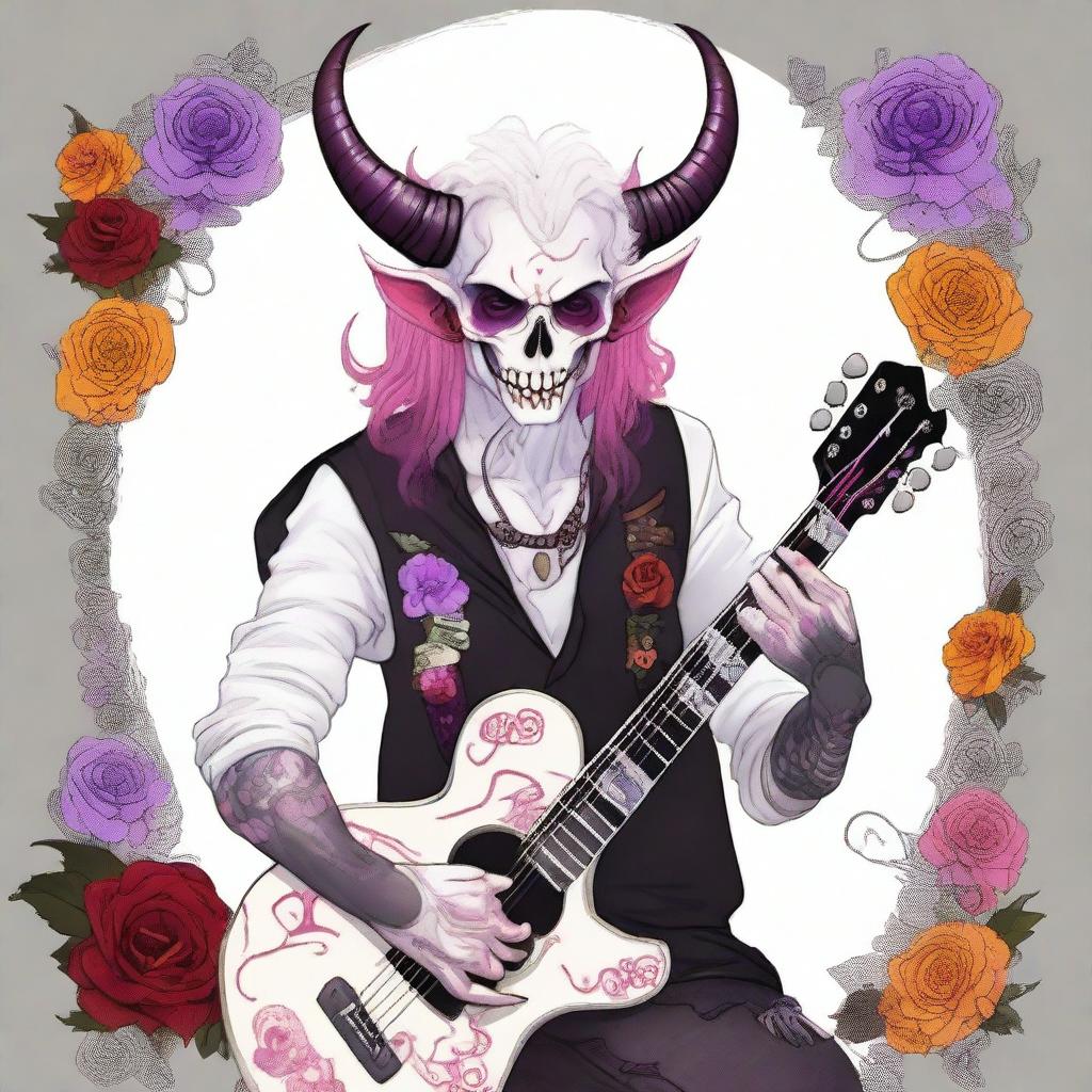 Create an image of an undead albino bard Tiefling with red eyes and long hair in shades of white, purple, pink, and red