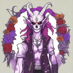 Create an image of an undead albino bard Tiefling with red eyes and long hair in shades of white, purple, pink, and red