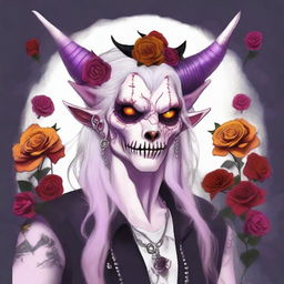 Create an image of an undead albino bard Tiefling with red eyes and long hair in shades of white, purple, pink, and red