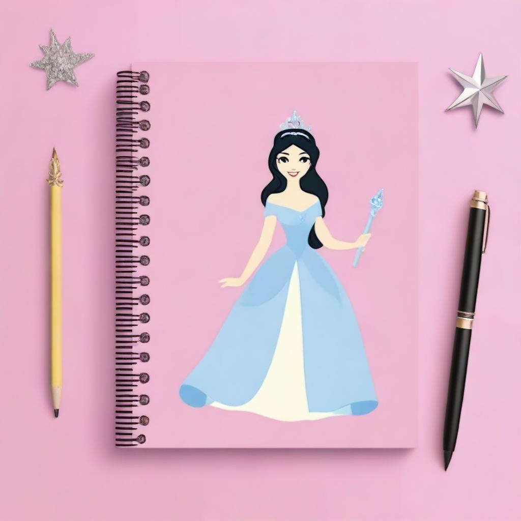 Create a simple Disney Princess-themed notebook backdrop featuring a single iconic element, such as a tiara, a glass slipper, or a magic wand, centered on a plain background