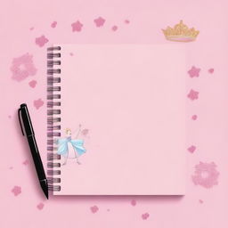 Create a simple Disney Princess-themed notebook backdrop featuring a single iconic element, such as a tiara, a glass slipper, or a magic wand, centered on a plain background