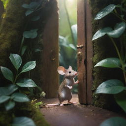 Create an image of an adventurous mouse standing at the edge of a jungle, captivated by a magical door it has discovered among the diverse flora, cloaked in shimmering, magical light.