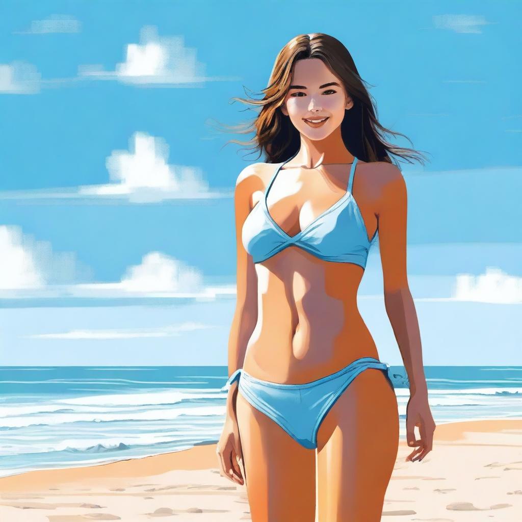 A girl in a bikini standing on a sunny beach with clear blue skies and gentle waves in the background